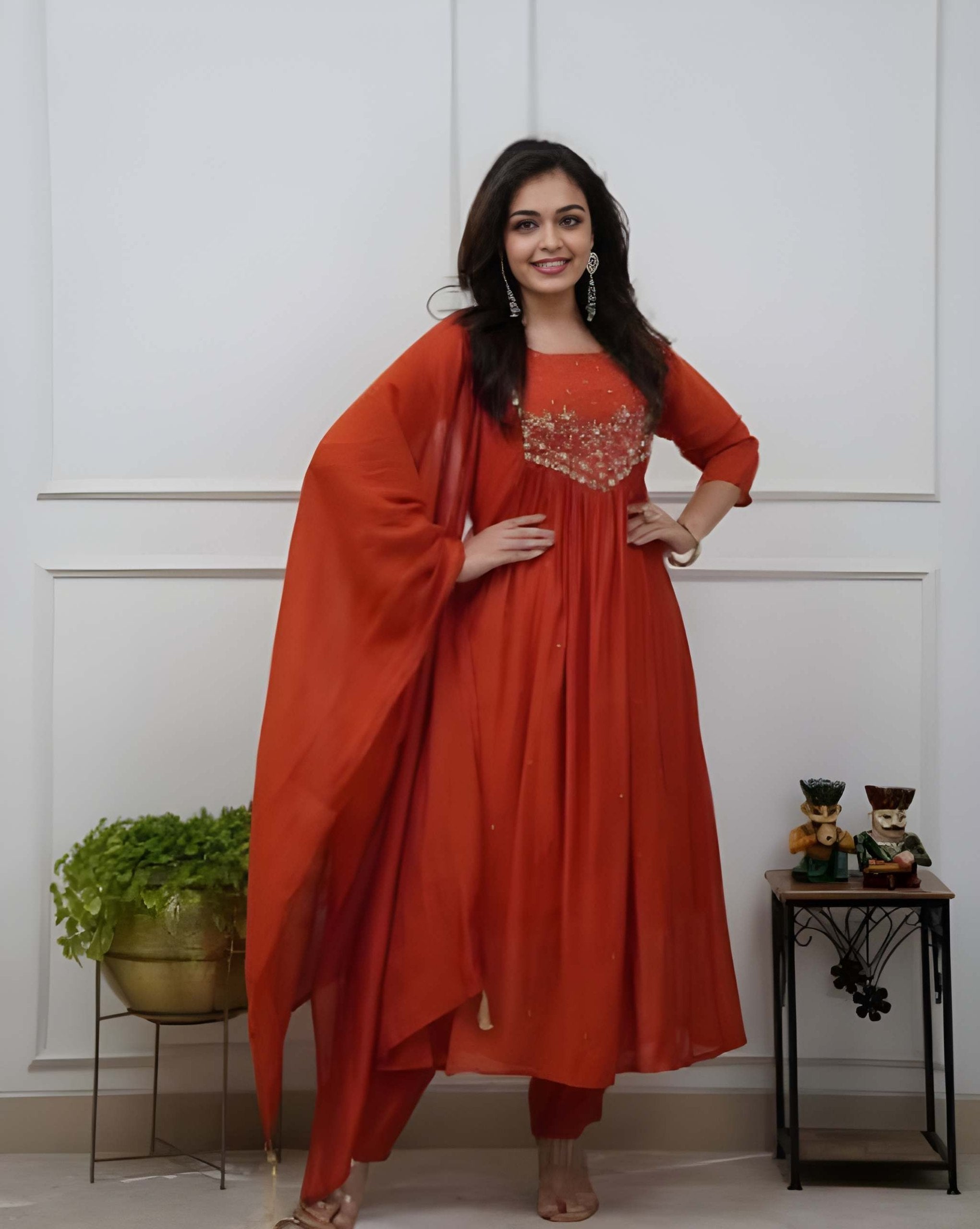 Rust Orange Cambric Cotton Kurti And Pant With Dupatta