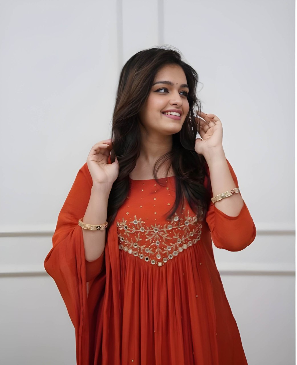 Rust Orange Cambric Cotton Kurti And Pant With Dupatta