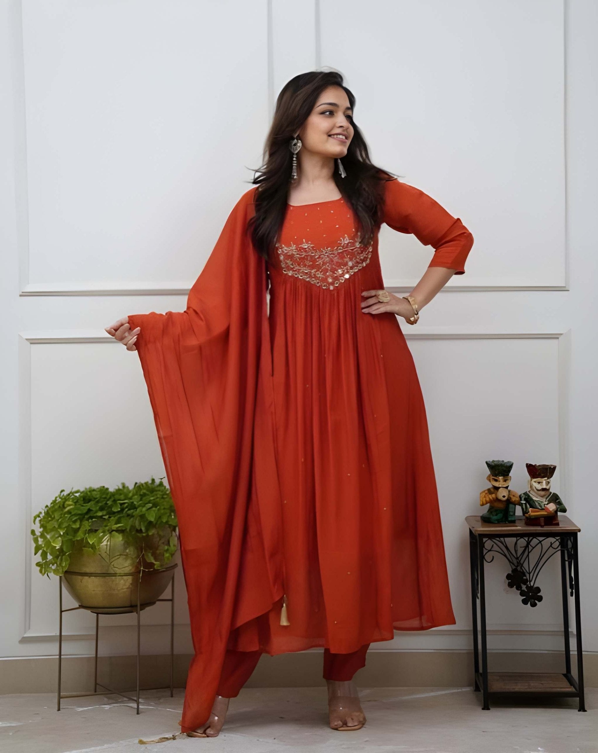 Rust Orange Cambric Cotton Kurti And Pant With Dupatta