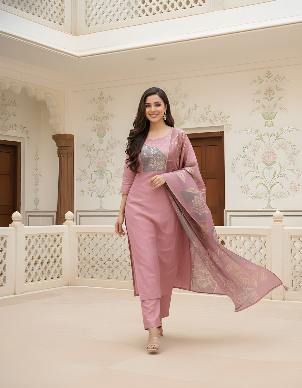 Pink Roman silk with Pant and Dupatta