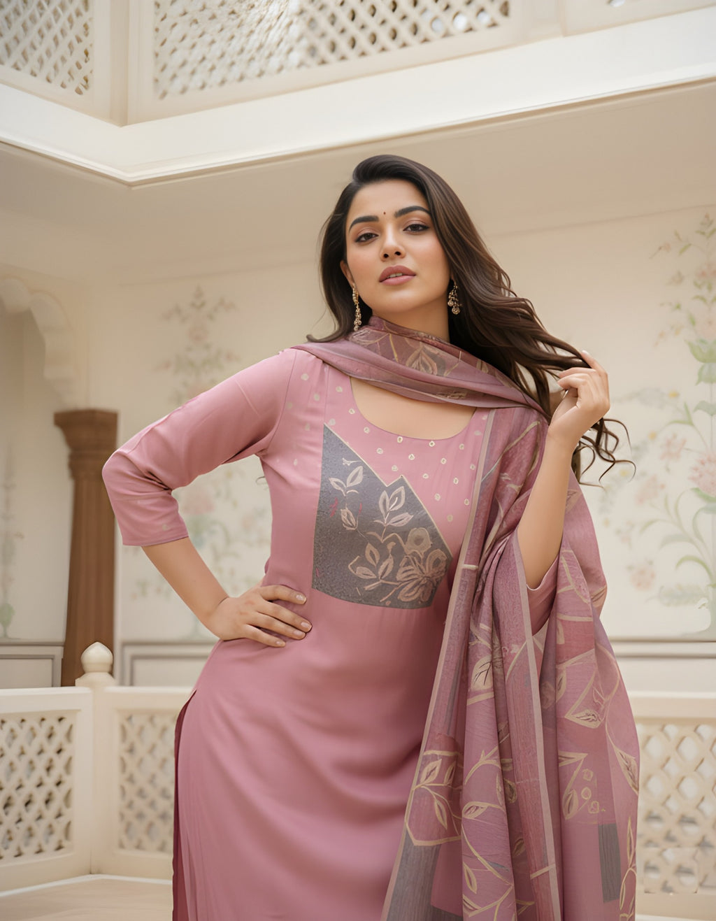 Pink Roman silk with Pant and Dupatta