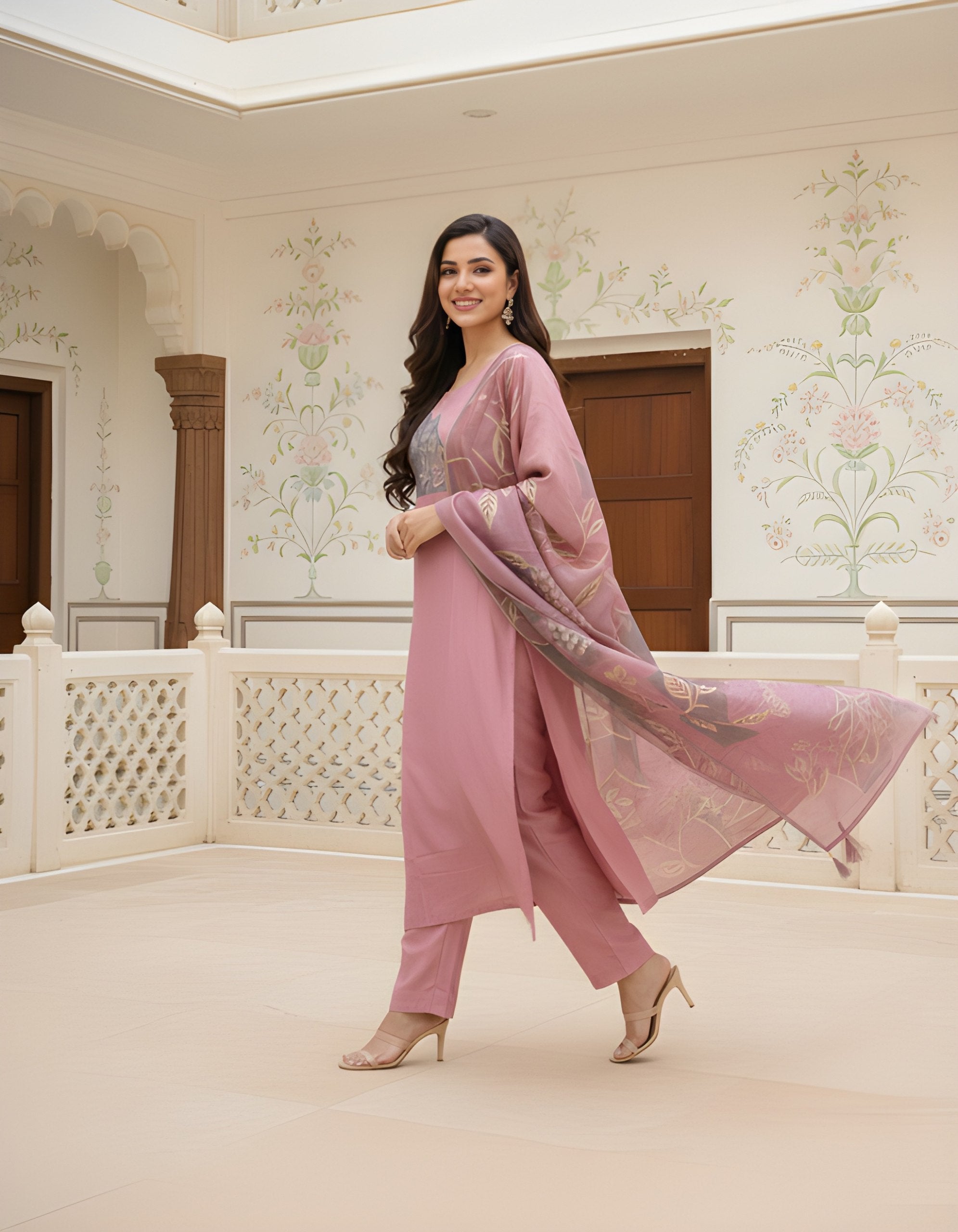 Pink Roman silk with Pant and Dupatta