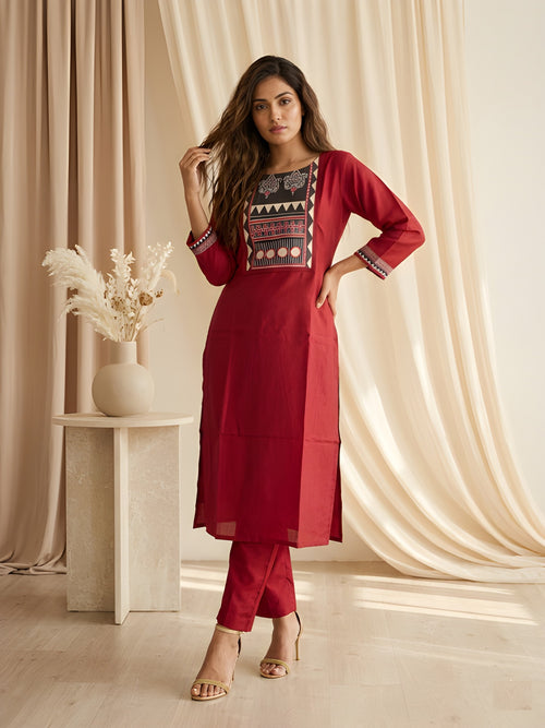 Maroon Printed Neck Kurti with Pant set