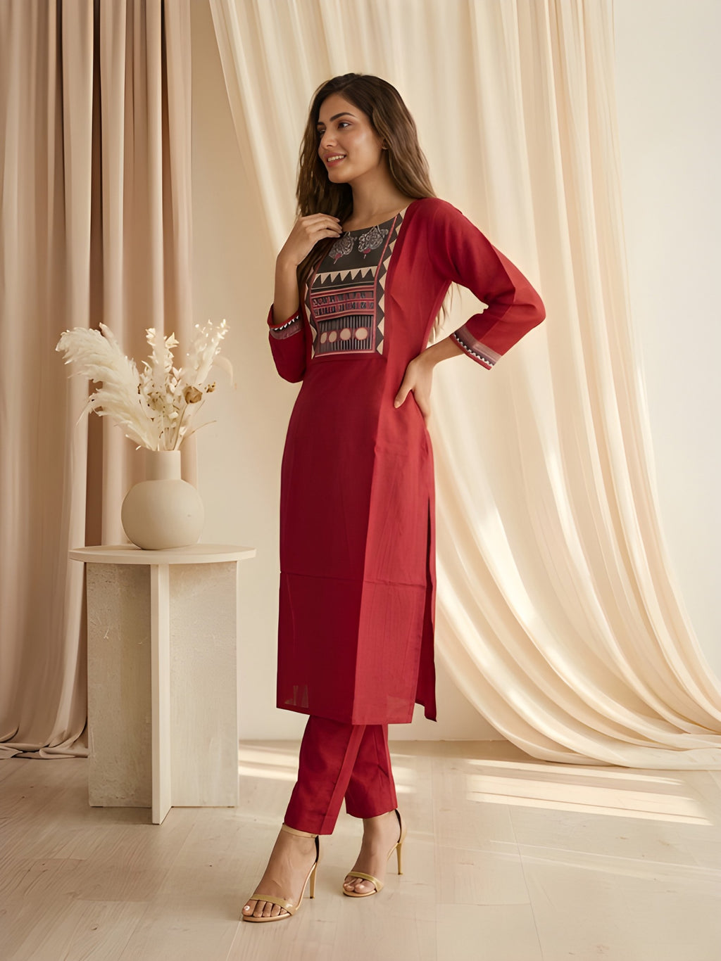Maroon Printed Neck Kurti with Pant set