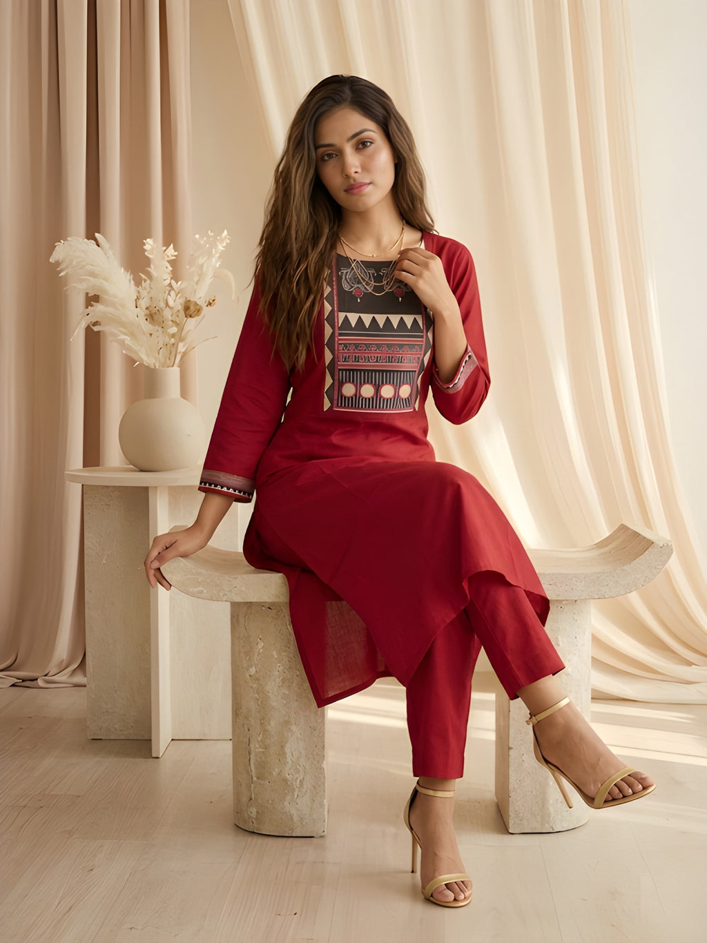 Maroon Printed Neck Kurti with Pant set