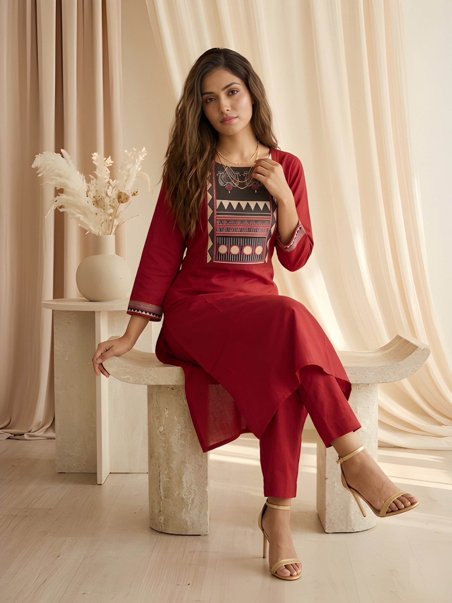 Maroon Printed Neck Kurti with Pant set