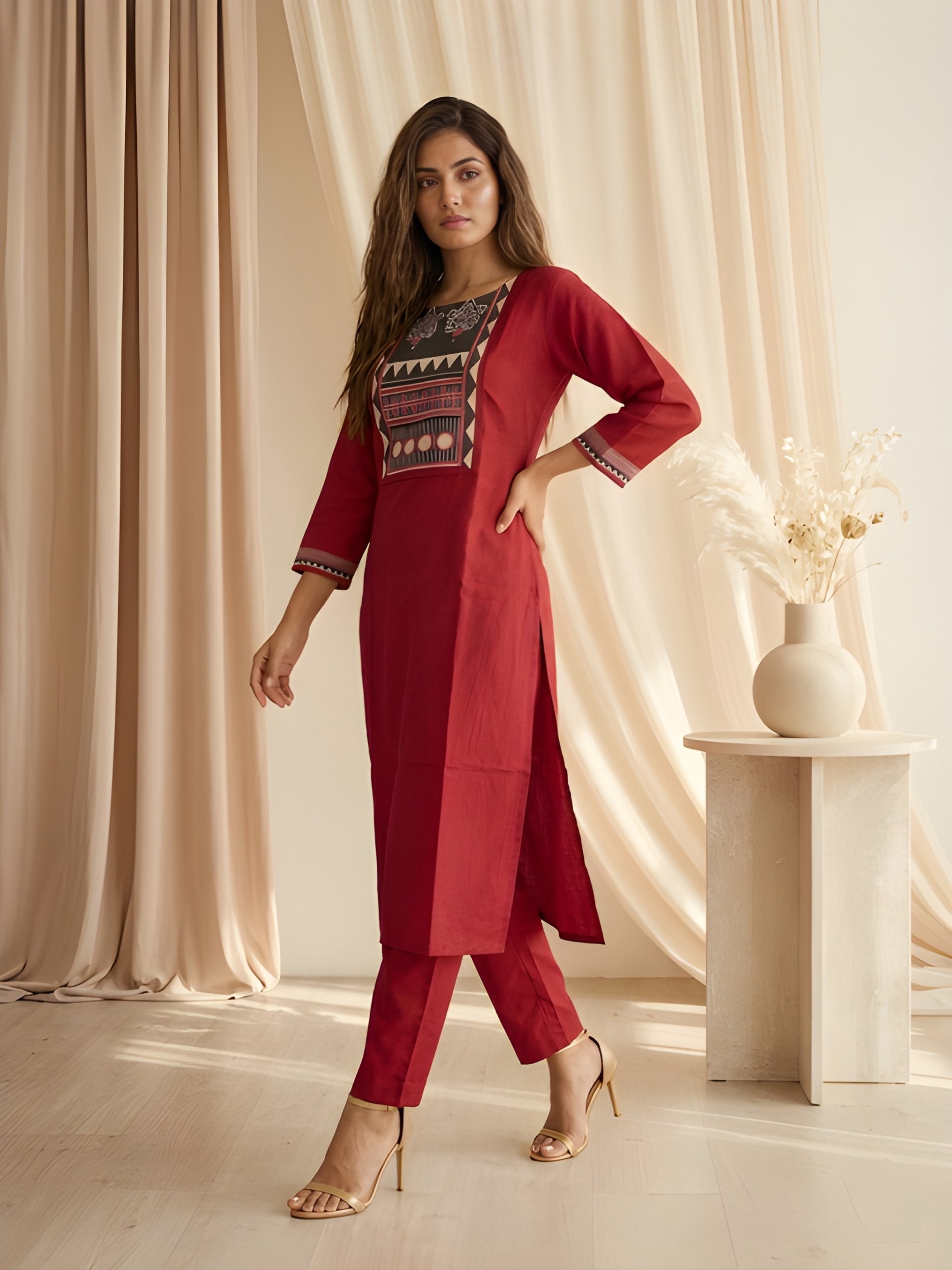 Maroon Printed Neck Kurti with Pant set