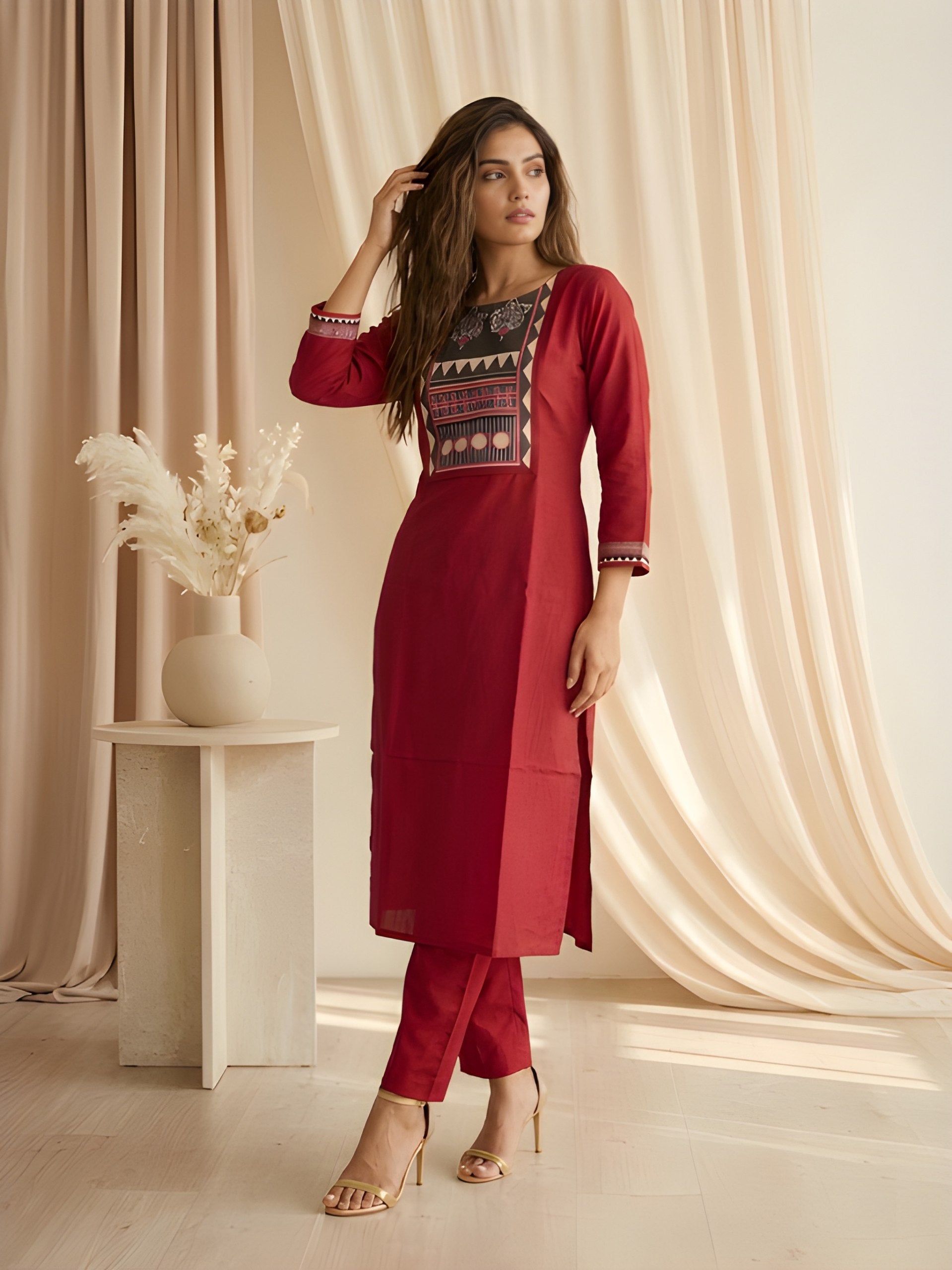 Maroon Printed Neck Kurti with Pant set